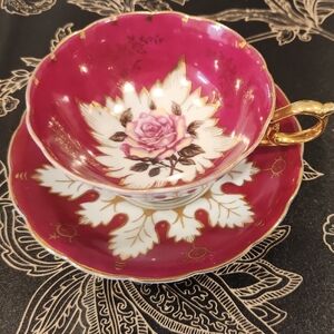 Elegant Rose Teacup and Saucer Set with Gold Accents